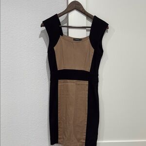 Theme Black and Tan Sheath Midi Dress with Square Neck and Sleeveless Design